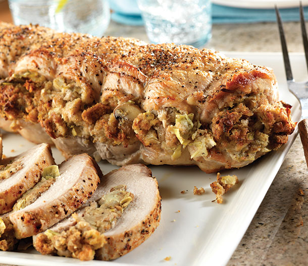 Stuffed Pork Roast with Herb Seasoned Artichoke & Mushroom Stuffing