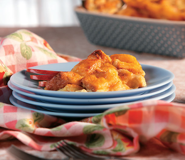 An image of prepared Cheese Strata made with Pepperidge Farm® Farmhouse® Hearty Where Bread, Campbell's® Condensed Cheddar Cheese Soup, milk, eggs and Swiss cheese.